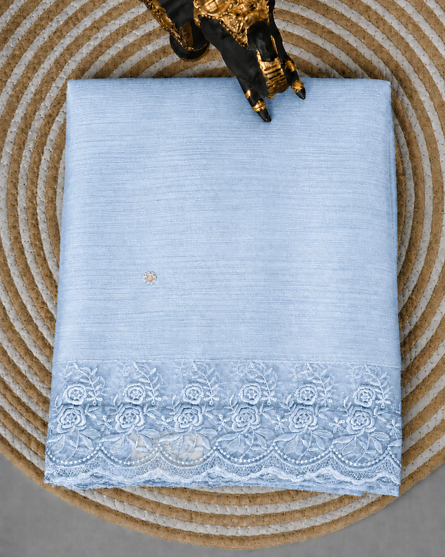 Malai Chanderi Saree with Allover small mirror work and  Thread Embroidery  Scallop Border  - Light Blue