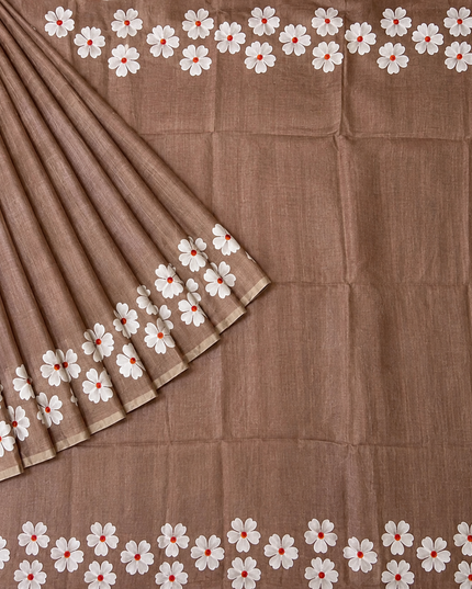 Mul cotton saree and Hand Painting with Tassels- Light Brown