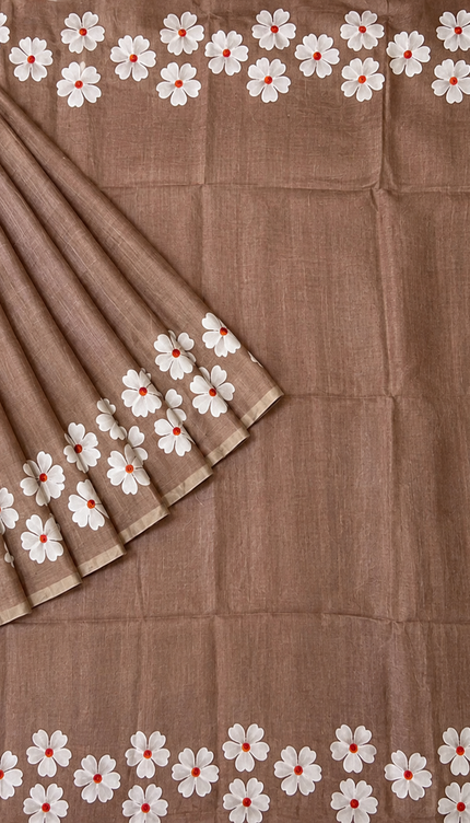 Mul cotton saree and Hand Painting with Tassels- Light Brown