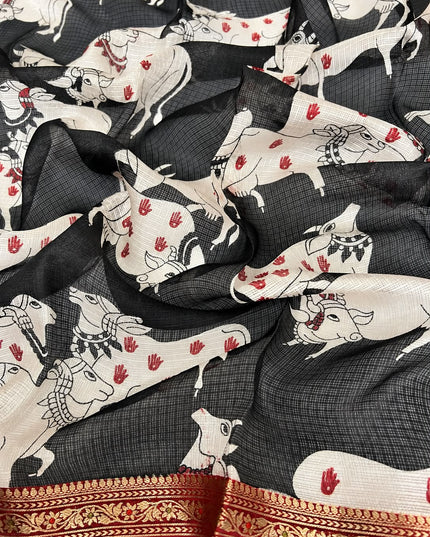 Pure Silk Kota Saree With Kalamkari Print and Small Gold Border - Red