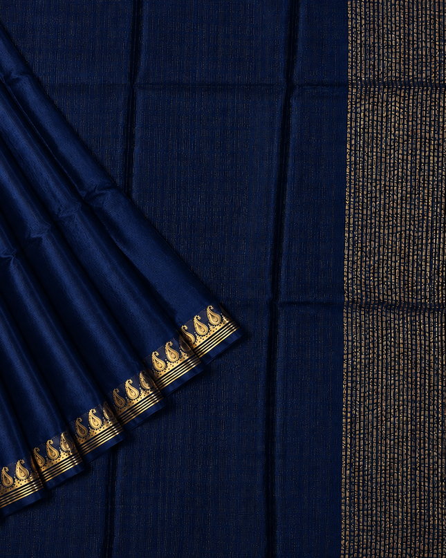 Crepe Saree with Golden Zari contrast Border - Navy Blue