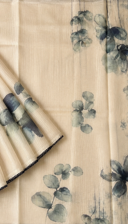 Silk Kota Saree with Floral Print and Lace  Border- Cream