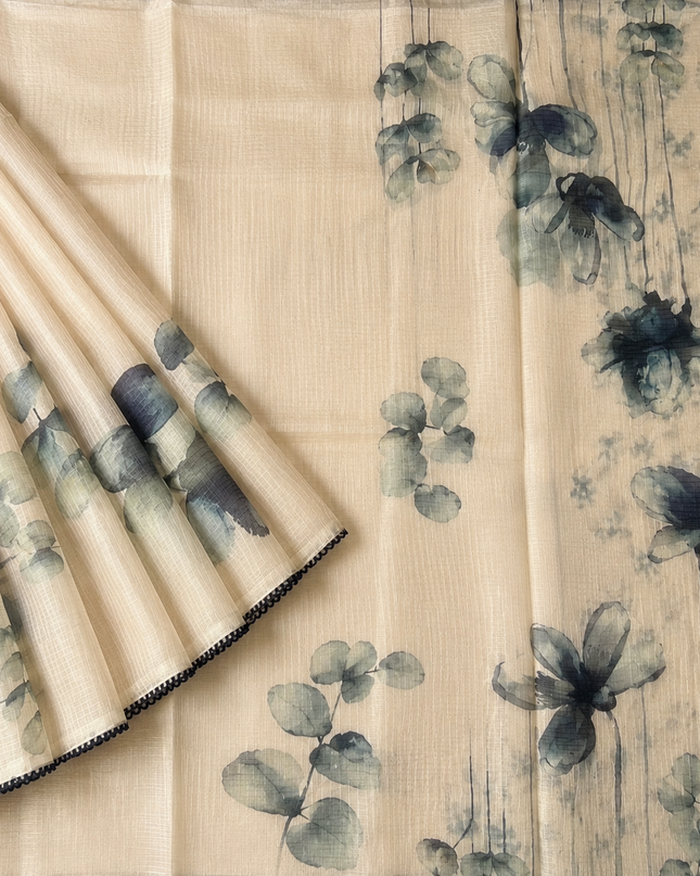 Silk Kota Saree with Floral Print and Lace  Border- Cream