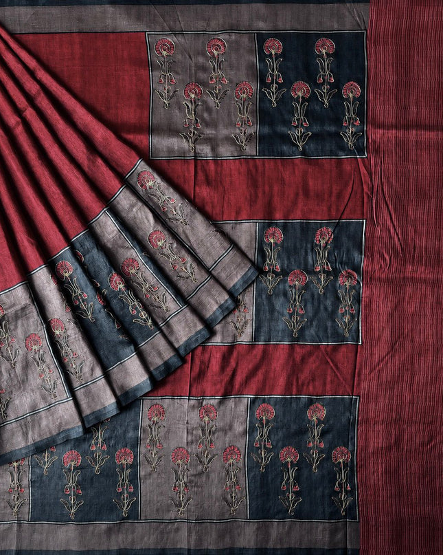 Tusser Saree With Floral Print With Ari Work  Contrast Border - Red