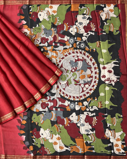 Pure Silk Kota Saree With Kalamkari Print and Small Gold Border - Red