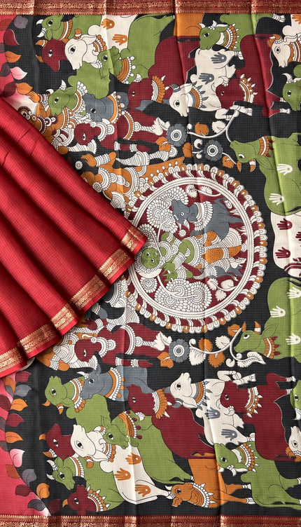 Pure Silk Kota Saree With Kalamkari Print and Small Gold Border - Red