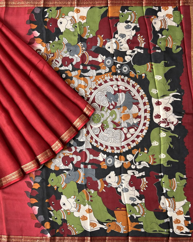 Pure Silk Kota Saree With Kalamkari Print and Small Gold Border - Red