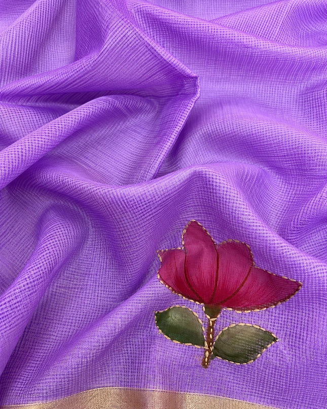 Kota Silk Saree with All over Thread Weaving Flower Butties and Golden Border -  Lavender