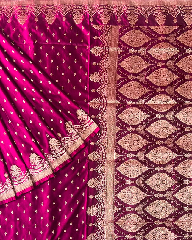 Mashru Banaras saree with All over Gold Zari Weaving Buttes and Zari Scallop Border - Magenta