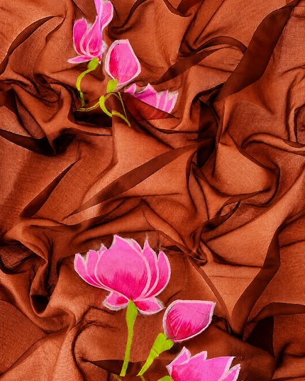 Mul cotton saree with Hand Painting  - Rust