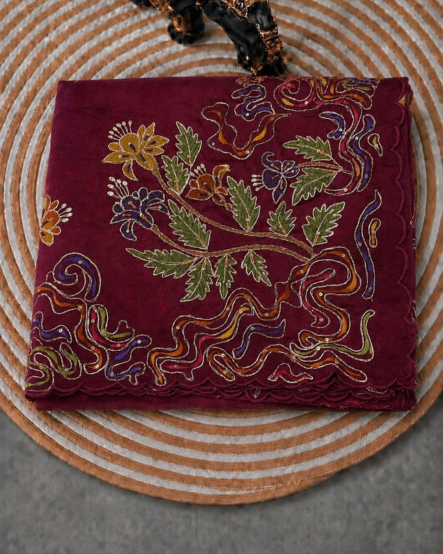 Soft Orznga Saree with Applique work And Peta Work with Scallop Border -  Maroon