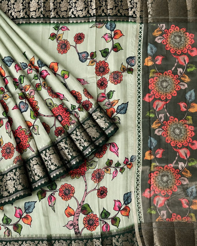 Chanderi Saree with  Floral Print Contrast Border - Green & Bottle Green