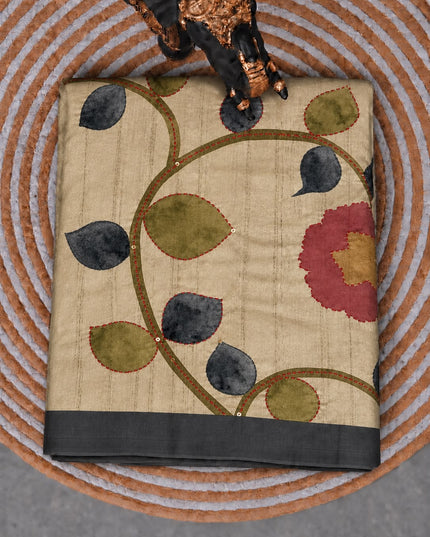 Tusser Saree with Floral and Peacock  Print with Kantha Work and contrast Border - Grey