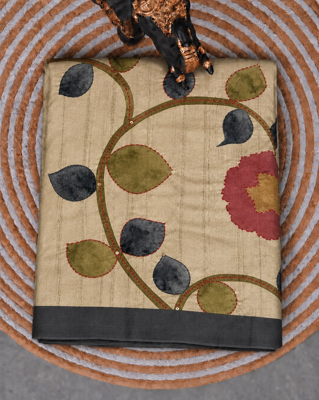 Tusser Saree with Floral and Peacock  Print with Kantha Work and contrast Border - Grey