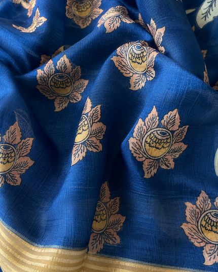 Kora Tusser kalmkari Sarree  With  Dori work and  Golden Border-  Navy Blue
