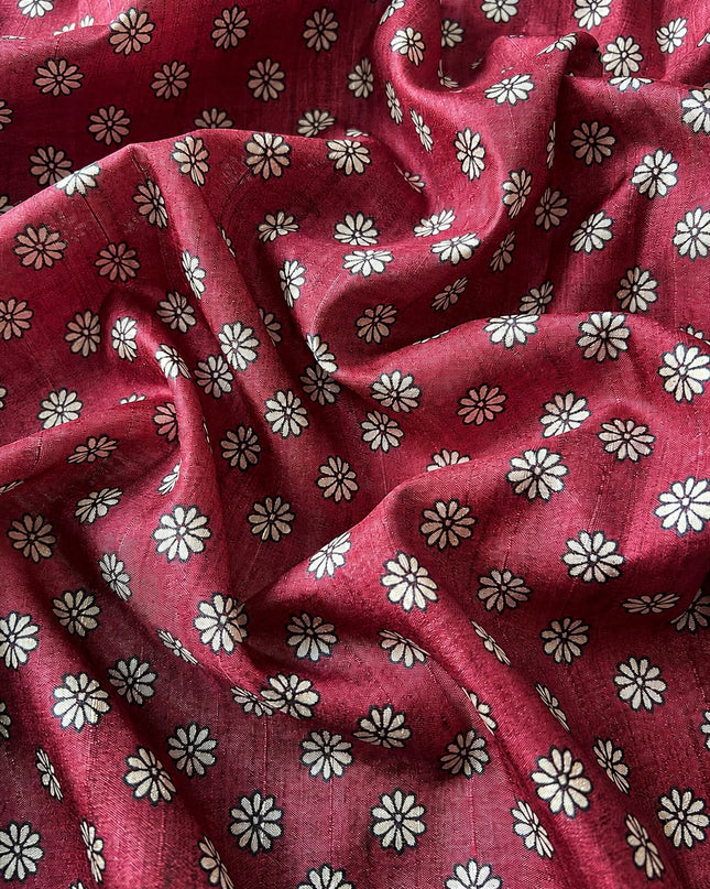 Tusser Saree With All Over Thread Embroidery  Work Flower Print Border - Pink