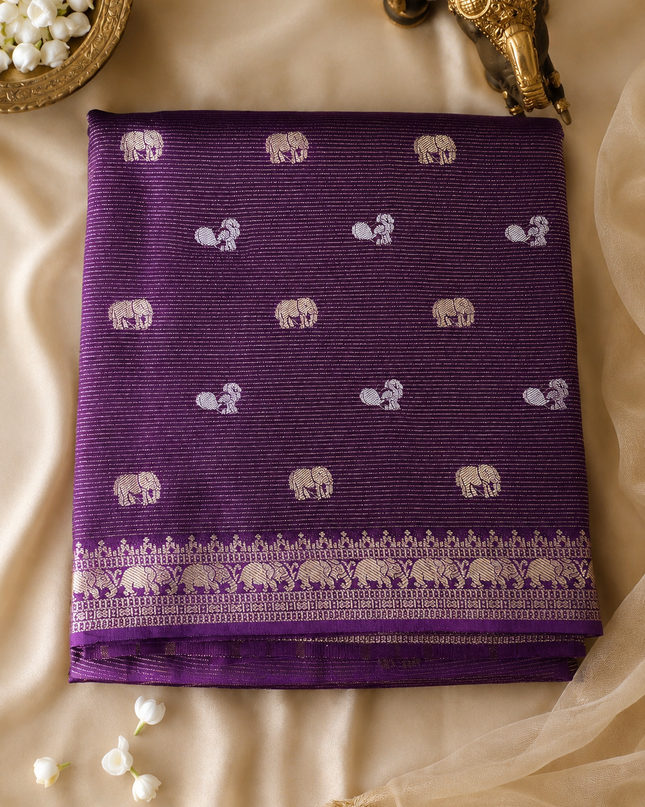 Munga Silk Saree With Gold and Silver Peacock and Elephant Butties Golden  Zari Elephant Design  Border - Purple