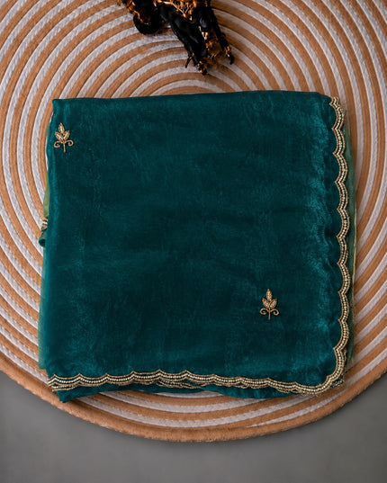 Space silk saree with Allover Karahan Butties Pearl Work and Scallop Border   - Green