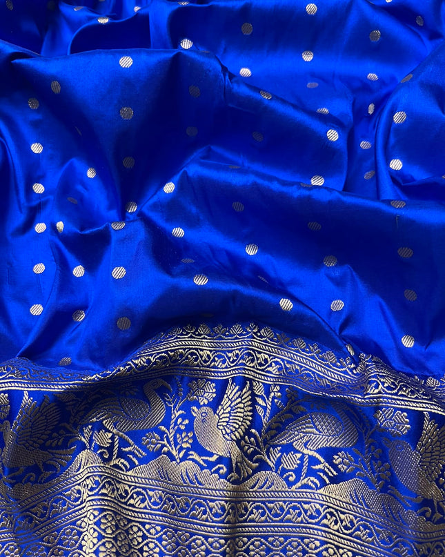 Kathan Silk Saree With All over Golden  Peacock Buttes and Golden Zari Weaving Border - Peacock Blue
