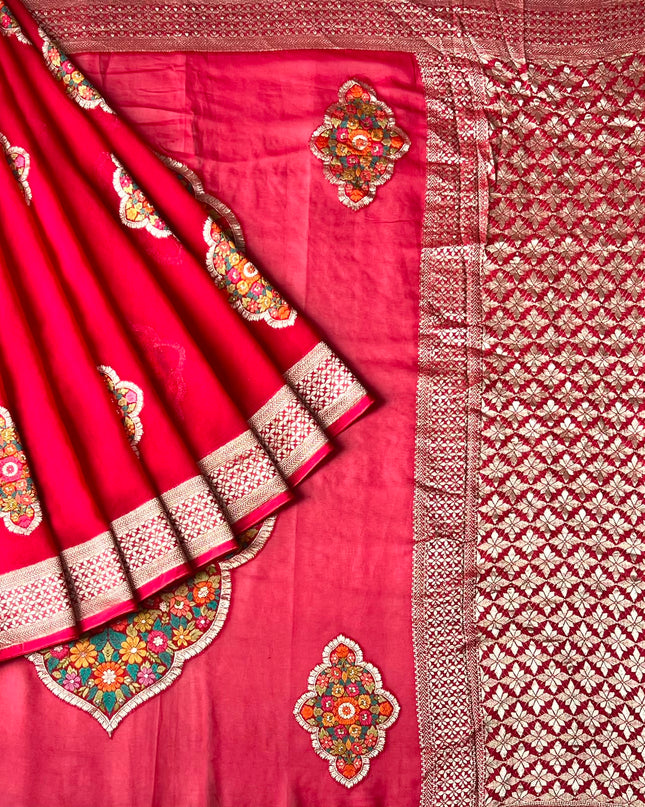 Georgette Saree with Meena Kari Weaving kaddi Border - Pink