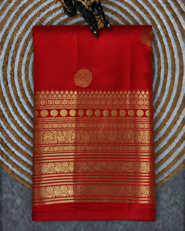 Pure Pattu Saree With Gold Peacock Buttes and Golden Border-  Red