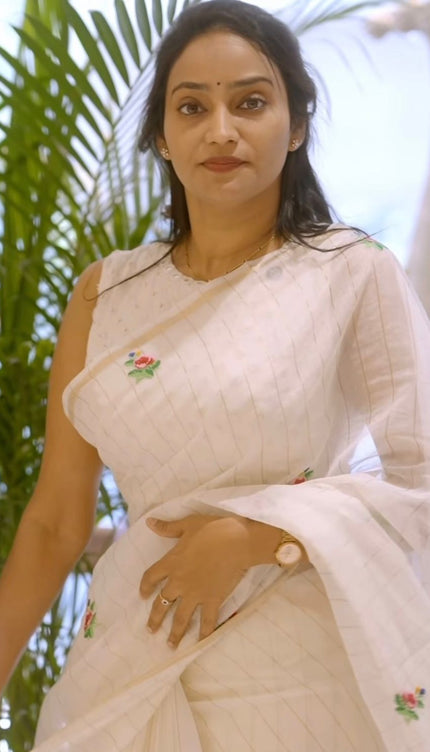 Soft chanderi silk saree with thread embroidery buttis - White