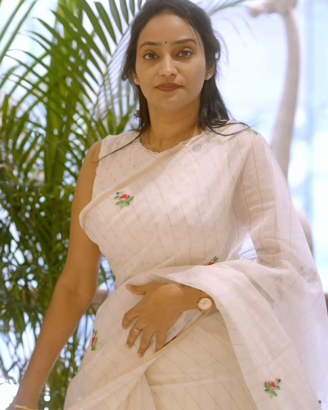 Soft chanderi silk saree with thread embroidery buttis - White