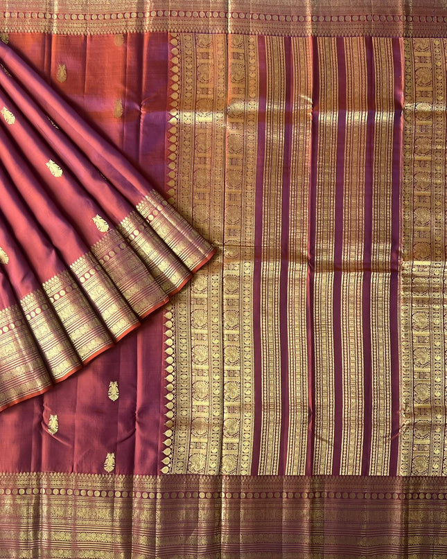 Pure Pattu Saree With Gold  Dual Peacock Buttes and Golden Border-  Rust
