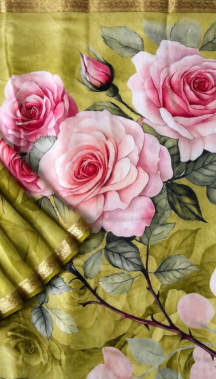 Georgette Saree with Floral Print and Golden Border - Light Green
