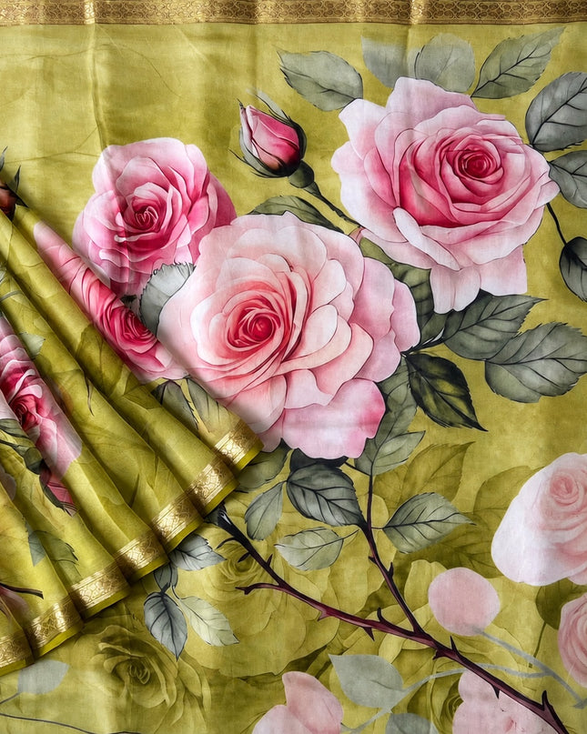 Georgette Saree with Floral Print and Golden Border - Light Green