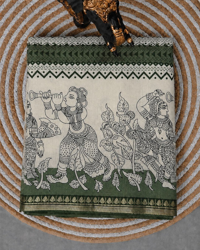 Muslin Silk Saree With  Geometrically Print and  Kalamkari Print and Golden Border - Green