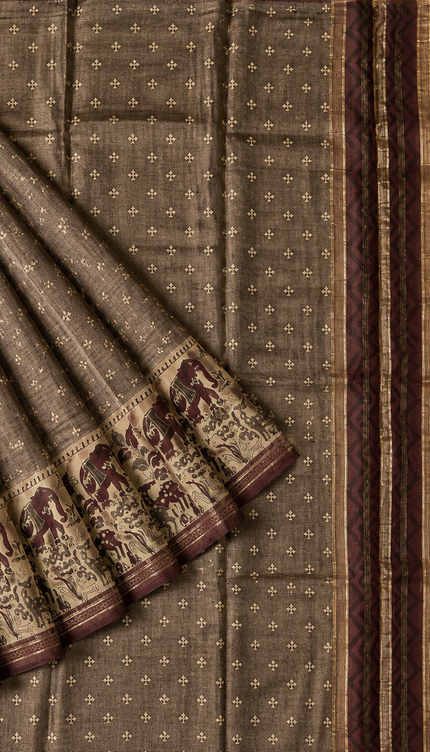 Munga Silk Saree With Floral Print and Kalmkari Border - Light  grey