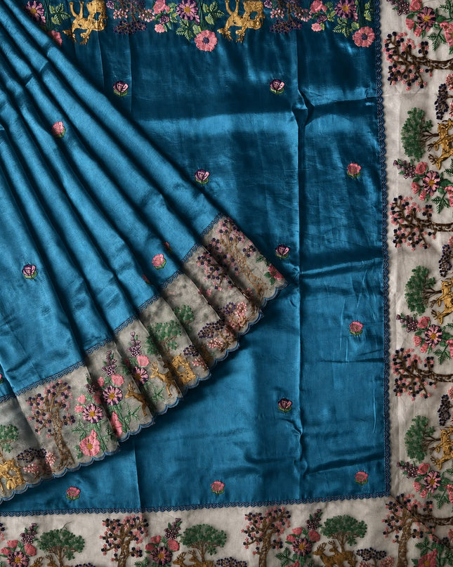 Dupion Saree with Thread Work and Scallop  Kora Border - Teal Blue