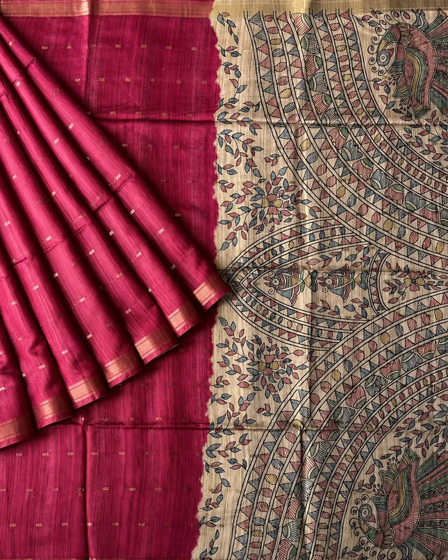 Tusser Saree With Floral Print  and small gold Buttes with and Golden Border  - Pink