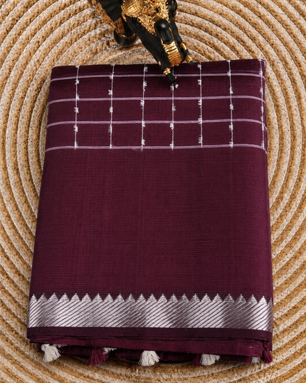 Mangaligiri Silk  Saree with  Thread  Weaving Checks Design and Golden Zari Temple  Border - Maroon