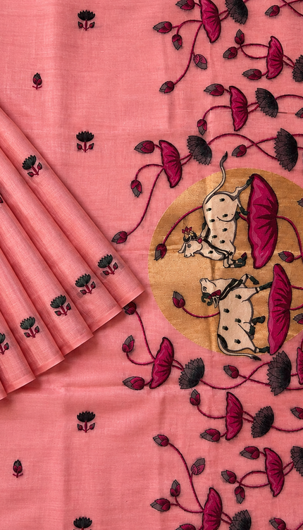 Linen Saree with Allover Thread Weaving Butties - Light Pink