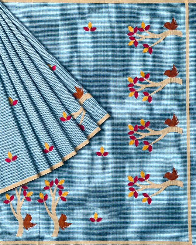 Cotton Saree With Checks Design and Contrast Border - Sky Blue