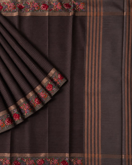Linen Tissue Saree with Multi Stripes and Pichwai Border -  Coffee Brown