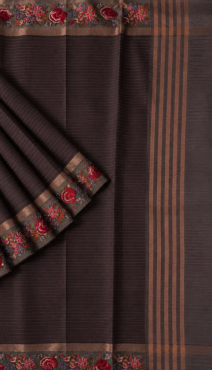 Linen Tissue Saree with Multi Stripes and Pichwai Border -  Coffee Brown