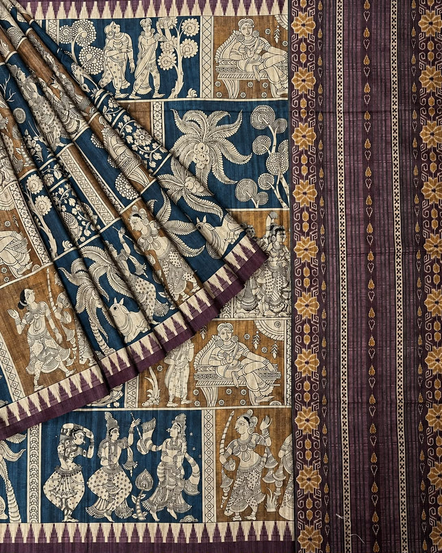Tusser Silk Saree With Kalamkari Print and Contrast Border- Peacock Blue