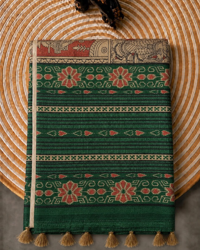 Tusser Silk Saree With Kalamkari Print and Contrast Border- Grey