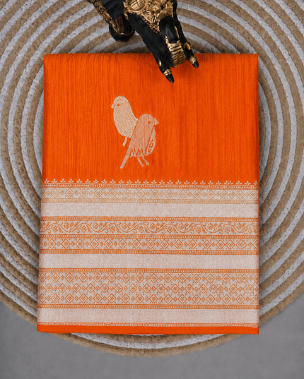 Raw silk sarees with Gold and Silver Zari Peacock design and Contrast border - orange