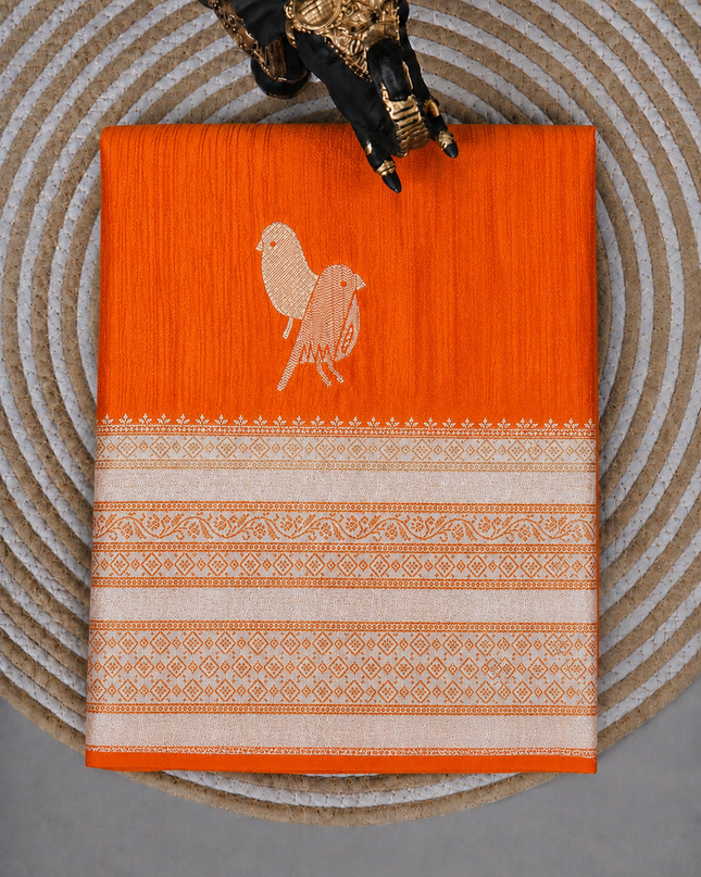 Raw silk sarees with Gold and Silver Zari Peacock design and Contrast border - orange