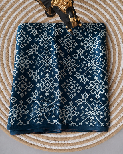 modal silk saree with ajrakh Design and Small Border  - Peacock blue