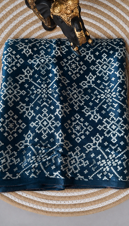 modal silk saree with ajrakh Design and Small Border  - Peacock blue
