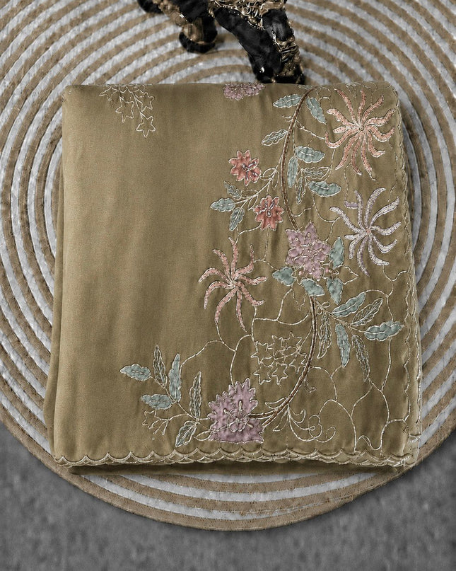 Soft Orznga Saree with Applique work And Ari Work with Scallop Border - Beige