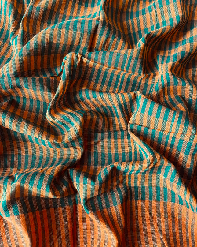 Cotton Saree With Checks Design and Tassels - Orange