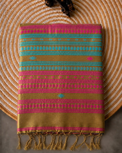 Tusser Silk Saree  With Thread Weaving Butties  With Golden Border- Light Blue