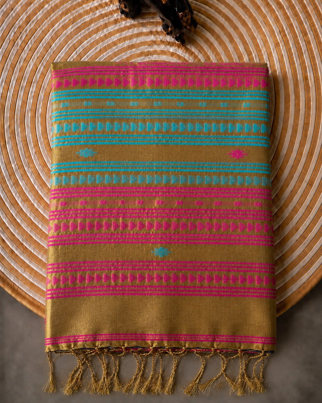 Tusser Silk Saree  With Thread Weaving Butties  With Golden Border- Light Blue