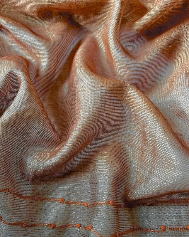 Kota Silk Saree with French Knot Work and Contrast Border  - Brown